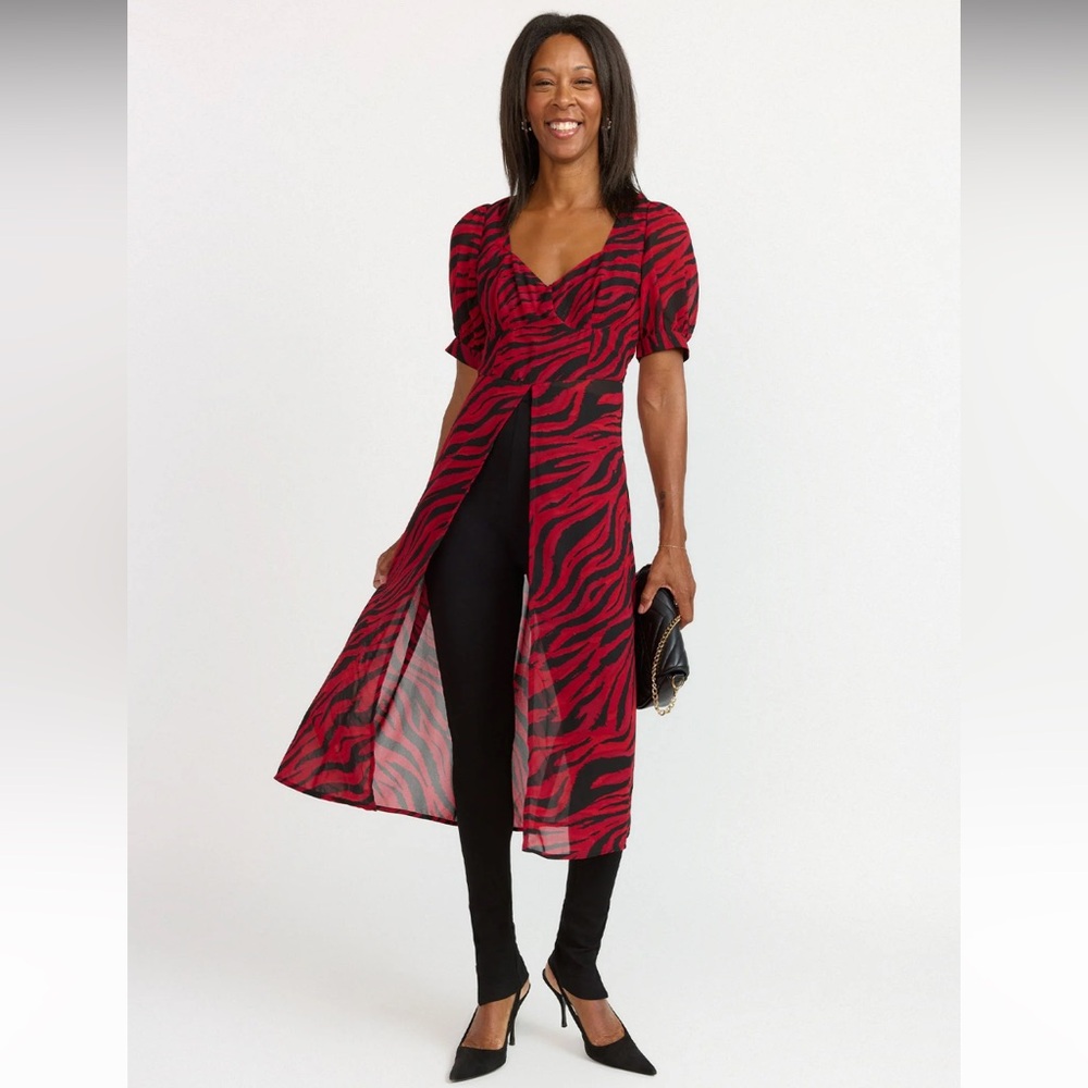 Red and Black Zebra Puff Sleeve Midi Dress
